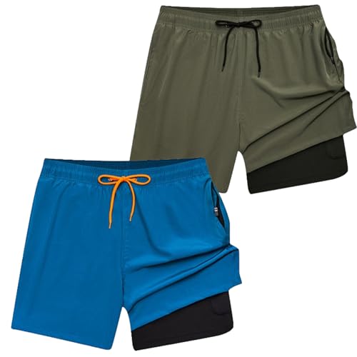 2 Stück Driftline Boardshorts für Herren, Slim-Fit-Shorts mit Reißverschlusstaschen, schnell trocknende Boardshorts mit Kompressionsfutter (17,L) von VNDUIFH