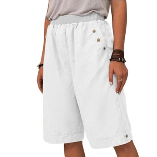 Lässige Sommer-Taschen-Shorts für Damen, Leinen-Lounge-Shorts mit hoher Taille, bequem, elastisch, Knielang, Workout-Shorts (1,4XL) von VNDUIFH