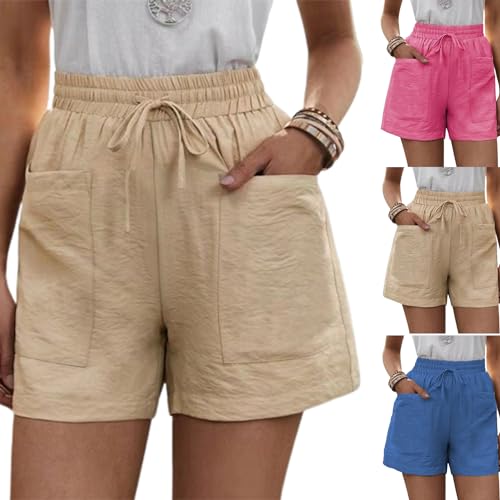Solide Zwei Taschen, lockere, lässige Kurze Hose, Damen-Shorts aus Baumwollleinen mit Kordelzug, elastischer Taille und Taschen (6,5XL) von VNDUIFH