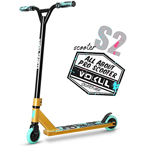 VOKUL TRII S2 Pro Stunt Scooter - Freestyle Tricks Stuntscooter Roller mit 100mm Rädern - mit 360 Grad schwenkbare Chromoly Lenker für 8+ Kinder & Erwachsene Trickscooter (Gold&Blau) von VOKUL