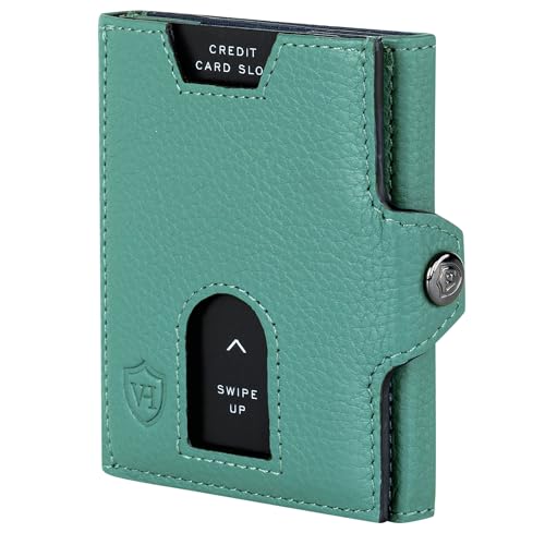 VON HEESEN Slim Wallet mit XL Münzfach & RFID Schutz - Leder Geldbörse Herren klein - Mini Geldbeutel Damen Portmonee - Kartenetui Echtleder Karten Portemonnaie - Kreditkartenetui Türkis Silver Pine von VON HEESEN