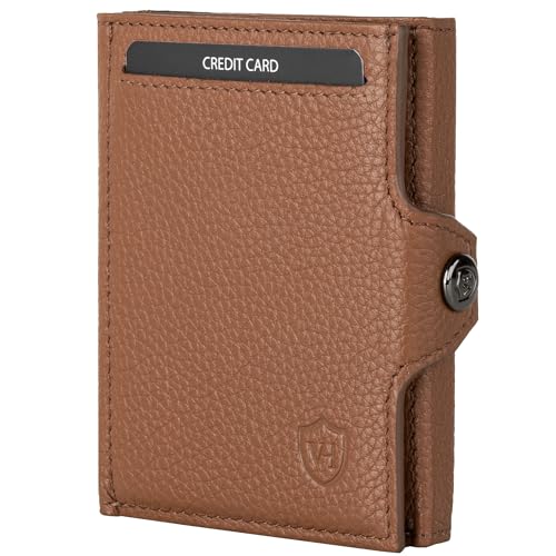 VON HEESEN Slim Wallet mit RFID-Schutz - Mini Geldbörse Geldklammer Herren & Damen klein (Ohne Münzfach - Cognac-Brown) von VON HEESEN