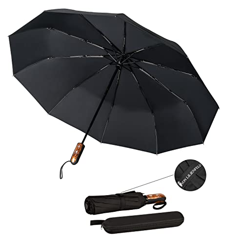 VON LILIENFELD Regenschirm Taschenschirm Schwarz Sturmfest durch 10 Fiberglas-Streben Auf-Zu-Automatik Teflonbeschichtung Reise-Etui Clark von VON LILIENFELD