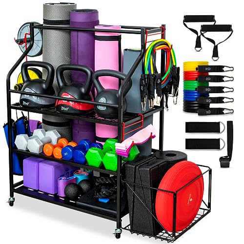 VORVIL Home Gym Aufbewahrungsregal und Yogamattenhalter, Mehrzweck-Fitness- und Zubehörgeräte-Organizer mit Utility-Haken, Regalen, rollenden Rädern und 68 kg Widerstandsband-Set von VORVIL