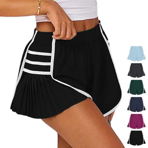 Plissee-Sportshorts mit hoher Taille, fließende Workout-Shorts für Damen, schnell trocknende Sport-Shorts für Damen (Black,XX-Large) von VPVLVZN