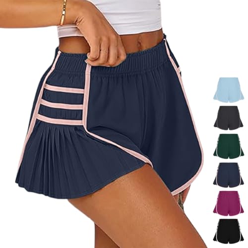 Plissee-Sportshorts mit hoher Taille, fließende Workout-Shorts für Damen, schnell trocknende Sport-Shorts für Damen (Navy Blue,Large) von VPVLVZN