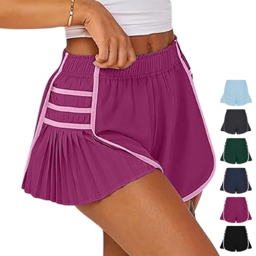 Plissee-Sportshorts mit hoher Taille, fließende Workout-Shorts für Damen, schnell trocknende Sport-Shorts für Damen (Purple,Medium) von VPVLVZN