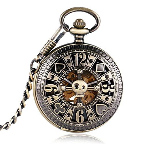 VRONIS Taschenuhr, Automatischer mechanischer Poker Hohlheiler Schädel Bronze Pocket Uhrengurt Kette Männer Damen Skelett Taschenuhr Uhr von VRONIS