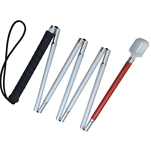 Blindenlangstock,weiße Stock,Faltlangstock mit Kautschukgriff, Kunststoff-Rollspitze, 7-teilig (125cm (49.2 inch), Schwarz Griff) von VSONE