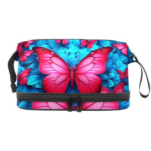 Reise Kulturbeutel,kleine Make up Tasche,Blauer und roter Schmetterling,Make up Taschen für Frauen von VTGHDEEQ