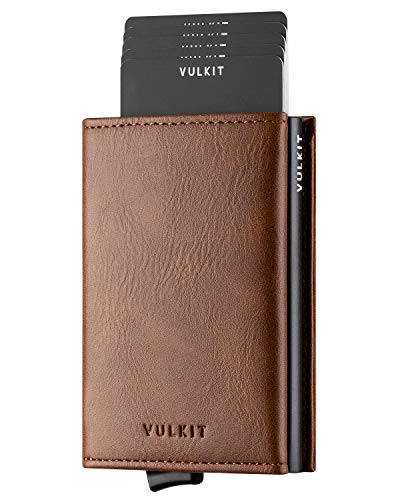 VULKIT Kreditkartenetui Echtleder RFID Blockieren Bifold Geldbörse Herren Portemonnaie mit Münzfach & Banknotenfach (V3 Braun) von VULKIT