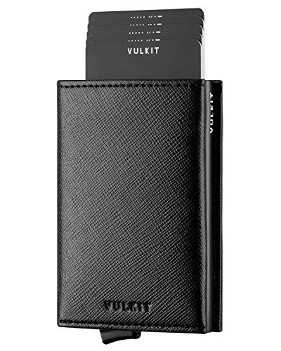 VULKIT Kreditkartenetui Echtleder RFID Blockieren Bifold Geldbörse Herren Portemonnaie mit Münzfach & Banknotenfach (V3 Cross Schwarz) von VULKIT