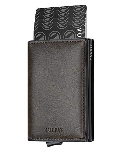 VULKIT Kreditkartenetui Herren Geldbörse RFID Schutz Leder Mini Geldbeutel Gentlemens Card Holder Wallet für 5-7 Karten & Geldschein, Olive von VULKIT