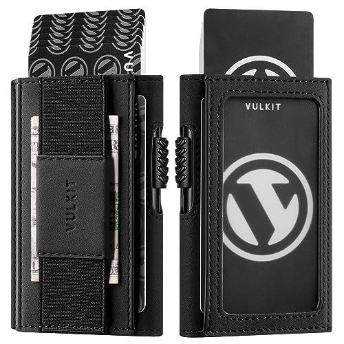 VULKIT Leder Slim Wallet mit ID-Fenster und Geldklammer, Inneres Automatisches Pop-Up Kreditkartenetui aus Aluminium, RFID/NFC Blocker Portemonnaie, Schwarz von VULKIT