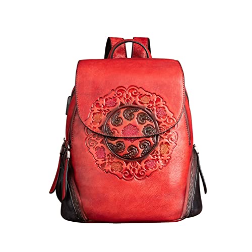 VVHUDA Retro-Lederrucksack für Damen, lässiger Rucksack mit hoher Kapazität, Leder-Umhängetasche zum Einkaufen, Reisen (Farbe: Rot) small Gift von VVHUDA