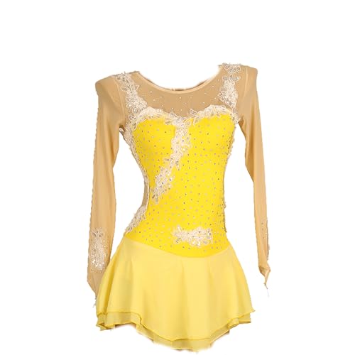 VVieer Mädchen Strass Funkelnde Trikot Langen Ärmeln Eiskunstlauf Kleid Trikot Body mit Strass Wettbewerb Kostüm GymnastikanzugEmbroidered Flowers (Child 10,Yellow) von VVieer