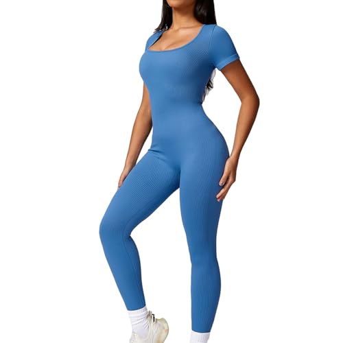 Valcatch Jumpsuit für Damen Workout Jumpsuits Yoga Ribbed Einteiler Kurzarm-Tops Strampler Exercise Jumpsuits von Valcatch