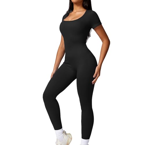 Valcatch Jumpsuit für Damen Workout Jumpsuits Yoga Ribbed Einteiler Kurzarm-Tops Strampler Exercise Jumpsuits von Valcatch