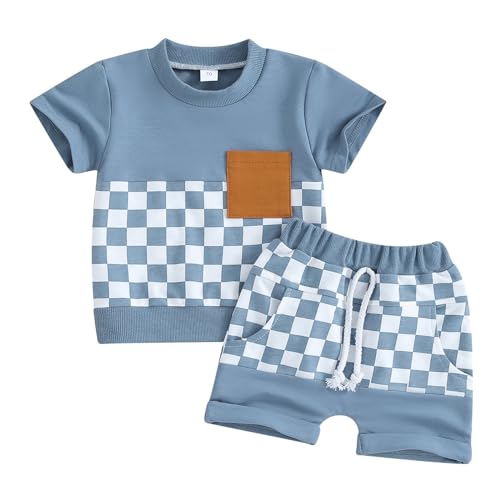 Valcatch Kleinkind Baby Junge Sommerkleidung Säugling Jungen Kurze Sets Schachbrettmuster Kurzarm-T-Shirt + Elastische Taillenshorts mit Tasche Outfits von Valcatch