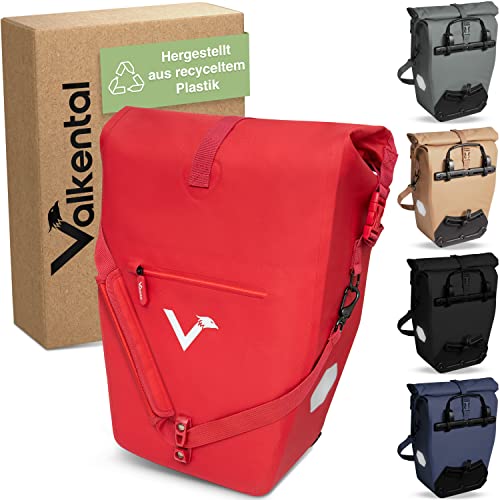 Valkental - 2in1 Fahrradtasche aus recyceltem Plastik - 100% Wasserdicht - Viele praktische Fächer - 23-28L Flexibles Volumen mit Laptopfach - Gepäckträgertasche in Rot von Valkental