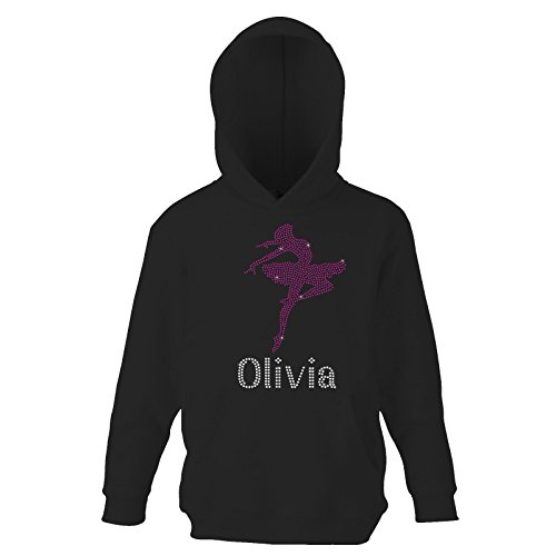 Varsany Gymnastikanzug / Tanzpullover, für Mädchen im Alter von 9–11 Jahren, personalisierbar, mit Kristallen, Schwarz / Pink von Varsany