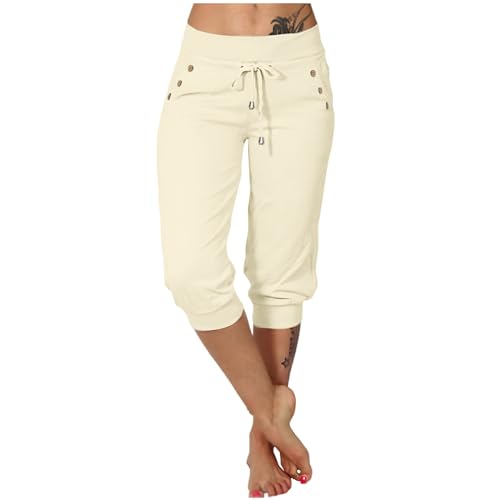 7/8 Hose Damen Sommer Sport Elegant Einfarbig 3/4 Caprihose Mit Taschen Und Kordelzug Elastische Hohe Taille Sommerhose Jogginghose Casual Leichte Stoffhose Sporthose（Beige,M von Vasreyy