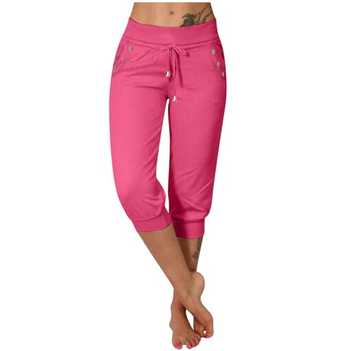 Kurze Hosen Damen Sommer Hosenanzug Elegant Einfarbig 3/4 Caprihose Mit Taschen Und Kordelzug Elastische Hohe Taille Sommerhose Jogginghose（Knalliges Pink,XXL von Vasreyy
