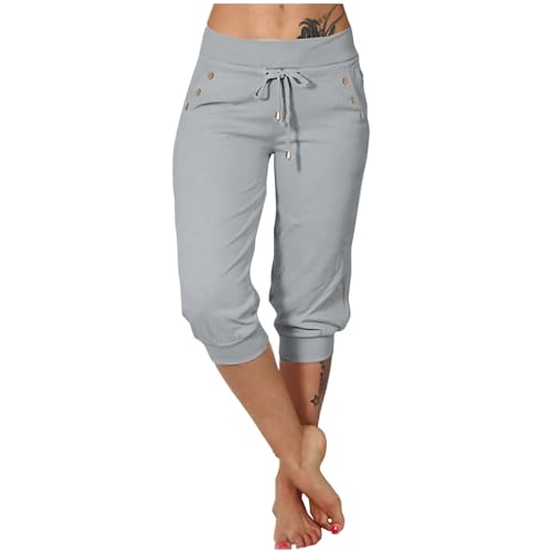 Sommerhose Damen Leicht 3/4 Elegant Einfarbig Caprihose Mit Taschen Und Kordelzug Elastische Hohe Taille（Grau,XL von Vasreyy