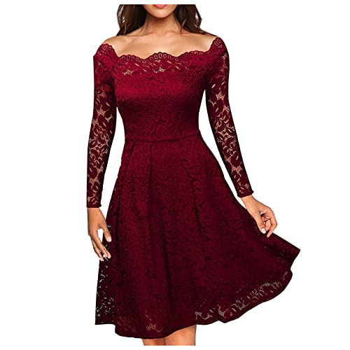 Vasreyy Damen Kleid Herbst Winter Weihnachtskleid Damen Große Größe Rosa Kleid Elegant Spitze Langarm Einfarbig A-Linie Kleider Hohe Taille Swing Spitzenkleid Knielang Abendkleid Tshirt Kleid von Vasreyy
