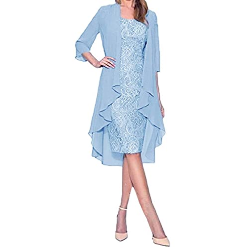 Vasreyy Damen Kleid Zweiteiler Elegant Sexy 3/4 Ärmel Chiffon Cardigan Spitzenkleid 28 Teiler V-Ausschnitt Knielang Brautjungfernkleider Einfarbig Partykleid Ballkleid Festkleider von Vasreyy