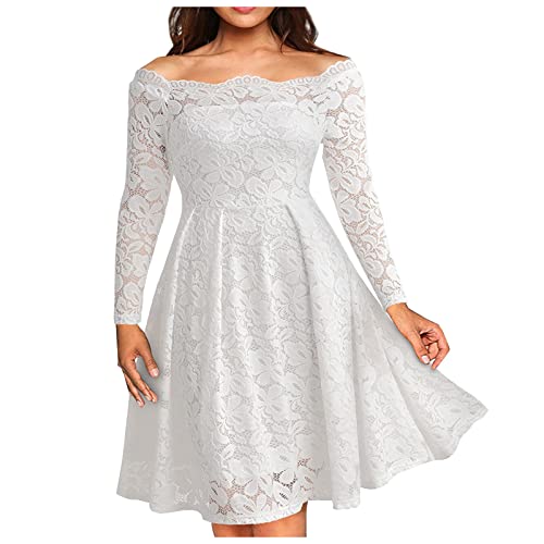 Vasreyy Damen Langarm Abendkleid Abendkleider Elegant Für Hochzeit Prinzessin Kinder Elegant Spitze Langarm Einfarbig A-Linie Kleider Hohe Taille Swing Spitzenkleid Abendkleid Elegant Hochzeitkleid von Vasreyy