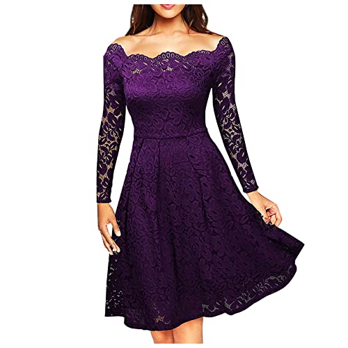 Vasreyy Damen Sweatshirt Langarm Langarm Kleid Damen One Shoulder Kleid Elegant Spitze Langarm Einfarbig A-Linie Kleider Hohe Taille Swing Spitzenkleid Knielang Abendkleid Tüll Kleid (Lila,S) von Vasreyy