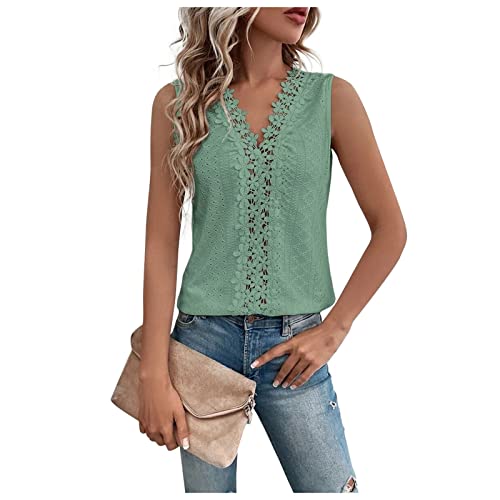 Vasreyy Oversize Hemd Damen top Damen elegant Bluse Damen weiß Einfarbig Spitze Patchwork Cutout Weste Tops Tank Top Sommer Casual Basic Ärmellos V-Ausschnitt Unterhemden Bluse weiß (Grün, S) von Vasreyy