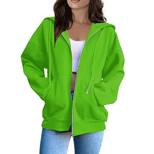 Vasreyy Pullover Lang Damen Windbreaker Ellesse Anorak Damen Frauen Einfarbig Kapuzenjacke Mit Reißverschluss Oversize Kapuzenpullover Herbst Winter Sweatjacke Jeansjacke Schwarz Damen (Grün, S) von Vasreyy
