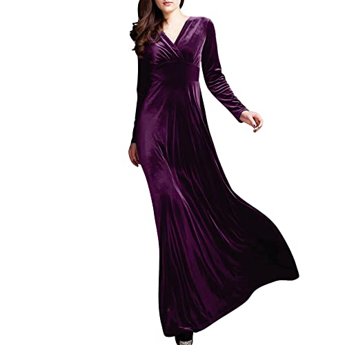 Vasreyy Strickkleid Damen Lang Tunika Kleid Damen 50er Jahre Kleider Damen Einfarbig V-Ausschnitt Knöchel Samtkleid Hohe Taille Abendkleid Lang Elegant Velvet Maxikleid (Lila,L) von Vasreyy
