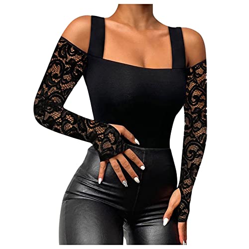 Vasreyy Trachtenbluse Schwarzes Langarmshirt Oberteile Party Frauen Sexy Spitze Netz Tiefer V-Ausschnitt Langarmshirt Slim Schwarz Langarm Blusen Eng Basic Oberteil Sexy Oberteil Sommer von Vasreyy