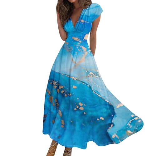 Vasreyy Trendyol Damen KleidMaxikleid Sommerkleid Mit Hose Drunter Bunte Marmor Bedrucktes V-Ausschnitt Kurzarm Maxi Kleider Kleid Rock Leopardenmuster（L,Himmelblau von Vasreyy
