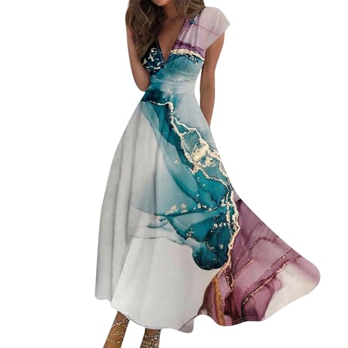 Vasreyy Tunika KleidSchwarzes Kleid Langes Damen Sommer Bunte Marmor Bedrucktes V-Ausschnitt Kurzarm Maxi Kleider Weißes Sommerkleid Satin Elegant（L,Dunkelgrün von Vasreyy