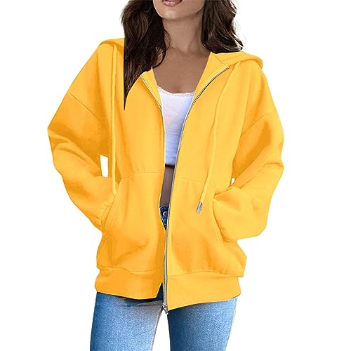 Vasreyy Winter Trenchcoat Mantel Damen Schwarz Windbreaker Leicht Frauen Einfarbig Kapuzenjacke Mit Reißverschluss Oversize Kapuzenpullover Herbst Sweatjacke Lederjacke（Gelb, XL von Vasreyy