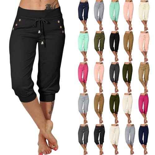 3/4 Hose Damen Sommer Arbeitshose Stretch Elegant Einfarbig Caprihose Mit Taschen Und Kordelzug Elastische Hohe Taille Sommerhose Jogginghose Casual（Schwarz,S von Vasreyy