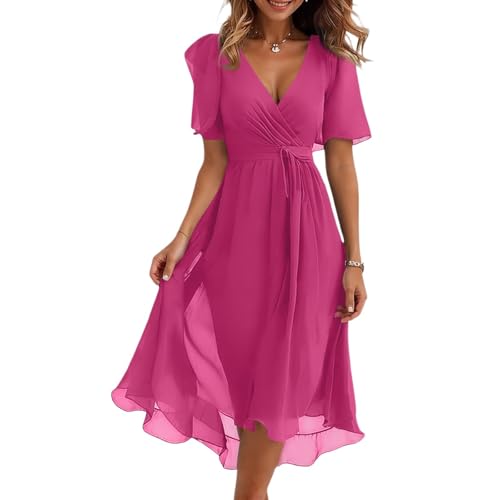 Vasreyy Wedding Guest DressSommerkleidung Damen Sommerkleid Knielang Elegant Chiffon V-Ausschnitt Drucken Kurzarm Midikleid Mit Gürtel Hohe Taille A-Linien Cocktailkleid（Knalliges Pink,XXL von Vasreyy