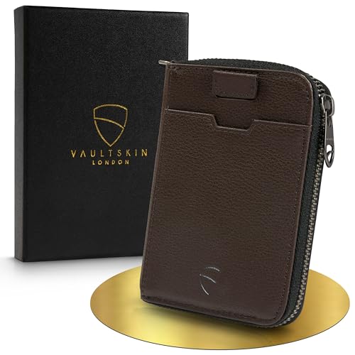 Vaultskin Notting Hill schlanke Brieftasche mit Reißverschluss und RFID Schutz. Geldbörse für Kreditkarten Bargeld Münzen (Braun) von Vaultskin