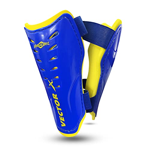Vector X Brazil Football Shin Pad for Mens and Boys (Blue/Yellow, Size: Small) Material: Plastic, Moulded Film | Soft Padded | Strap Fastening von Vector X