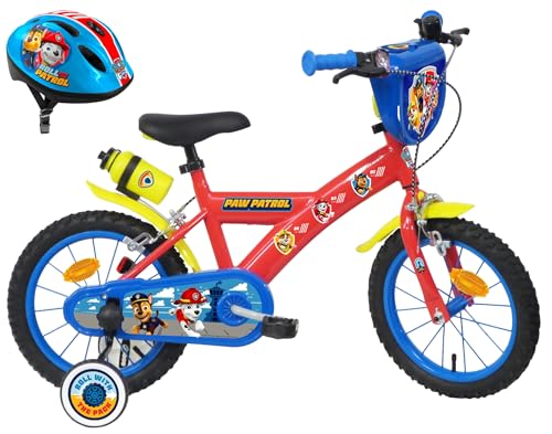 Vélo ATLAS Jungen Kinderfahrrad 35,6 cm (14 Zoll), 2 Bremsen, Dekorativer Frontplatte, Hinterer Kanister und Paw Patrol Helm, rot von Vélo ATLAS