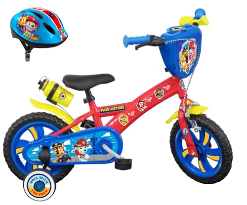 Vélo ATLAS Jungen Kinderfahrrad Paw Patrol Fahrrad 12 Zoll (30,5 cm) mit 1 Bremse, dekorativer Frontplatte, Schutzblech, Gehäuse und Stabilisatoren + Helm inklusive, rot, 12'' von Vélo ATLAS