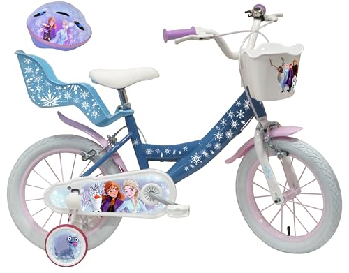 Vélo ATLAS Mädchen Kinderfahrrad 14 Zoll 2 Bremse und Stabilisatoren + Helm Frozen inklusive Eiskönigin, blau, 35,6 cm von Vélo ATLAS