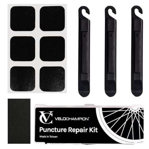 VeloChampion Fahrrad Reifen Flickzeug. Tragbares Reparaturset Fahrrad für Rennrad- und MTB-Reifen. Flickzeug Fahrrad Selbstklebend | 40er-, 10er-Pack oder 6er-Pack Flicken mit 3 Reifenhebern von VeloChampion