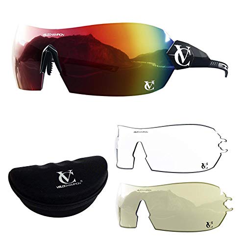 VeloChampion Hypersonic rahmenlose Sport-Sonnenbrille mit 3 austauschbaren Gläsern für Herren und Damen, UV400-Fahrradbrille. Schwarzer Rahmen/schwarzes Nasenstück/rote Linse von VeloChampion