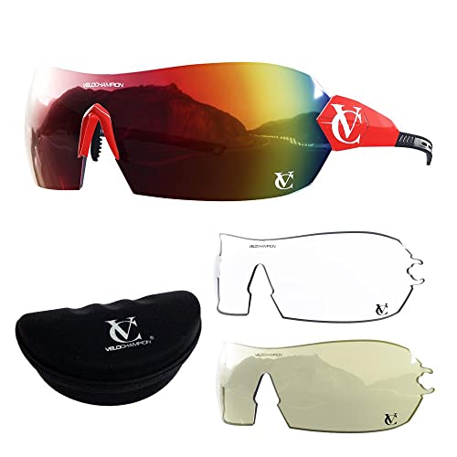VeloChampion Hypersonic rahmenlose Sport-Sonnenbrille mit 3 austauschbaren Gläsern für Herren und Damen, UV400-Fahrradbrille. Roter Rahmen/rotes Nasenstück/rote Linse von VeloChampion