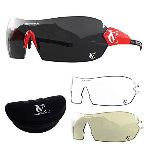 VeloChampion Hypersonic rahmenlose Sport-Sonnenbrille mit 3 austauschbaren Gläsern für Herren und Damen, UV400-Fahrradbrille. Roter Rahmen/rotes Nasenstück/schwarze Linse von VeloChampion